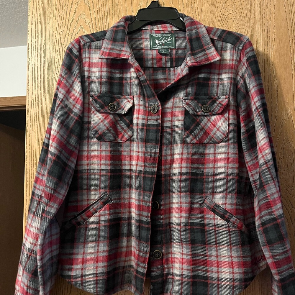 Woolrich Women's Red, Brown, and Grey Flannel with Brown elbow pads.